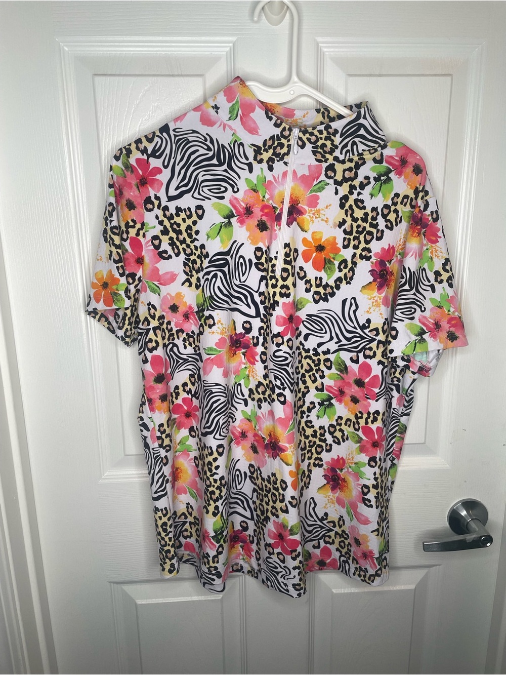 Ibkul 1/4 Zip Short Sleeve Athleisure Top Floral Leopard Zebra Print UPF 50+ XL